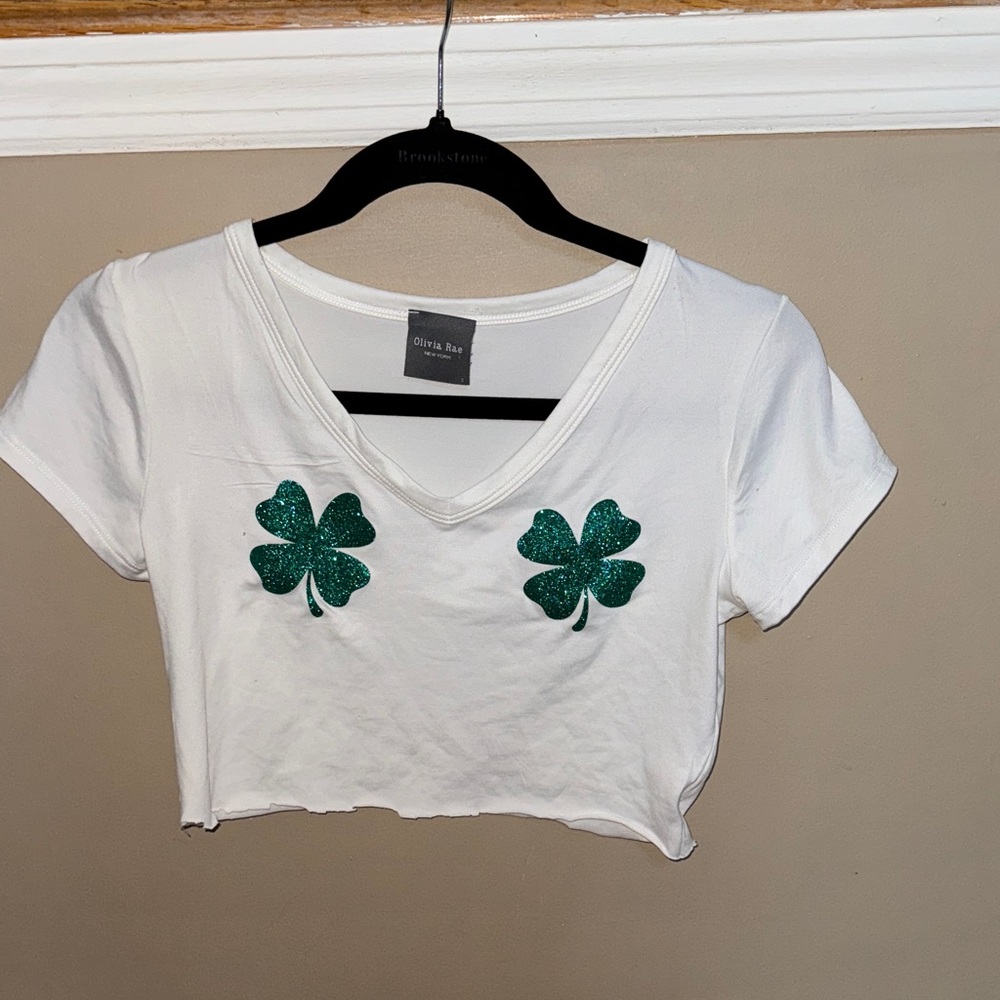 Olivia Rae White Tee with Green Clover Accents